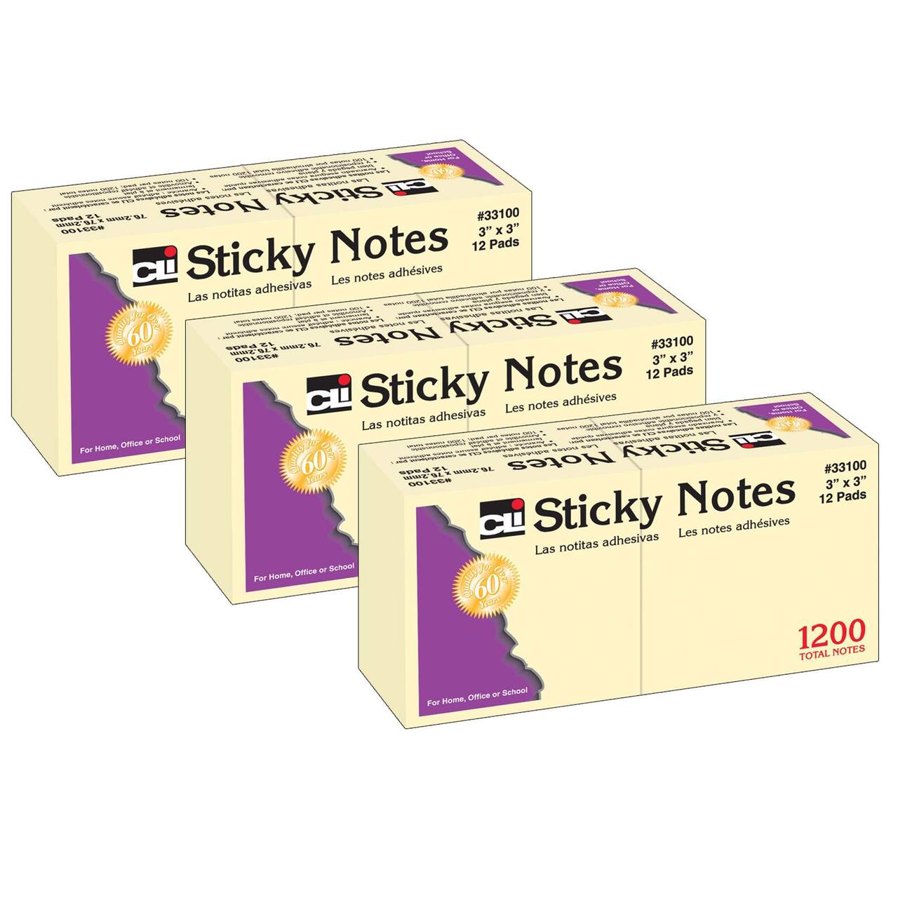 Charles Leonard 3" x 3" Yellow Sticky Notes, 36 Pads of 100 Sheets
